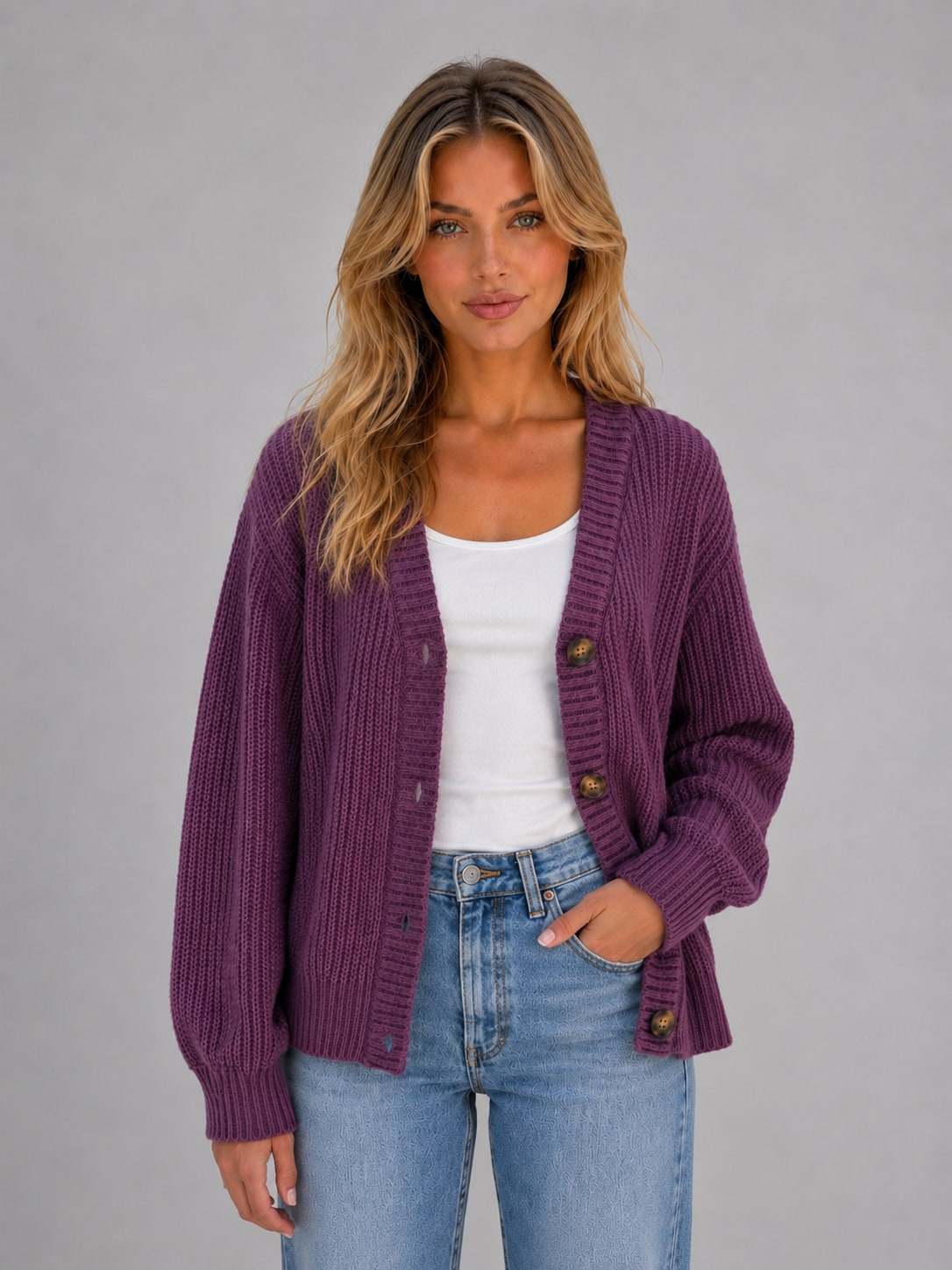 Purple chunky knit button cardigan with V-neck 2