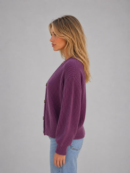 Purple chunky knit button cardigan with V-neck 4