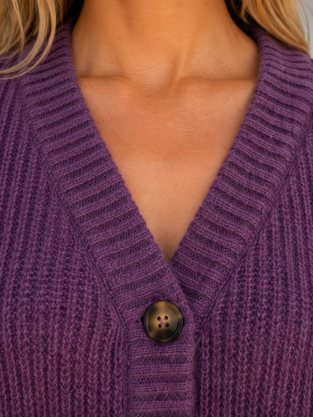 Purple chunky knit button cardigan with V-neck 5