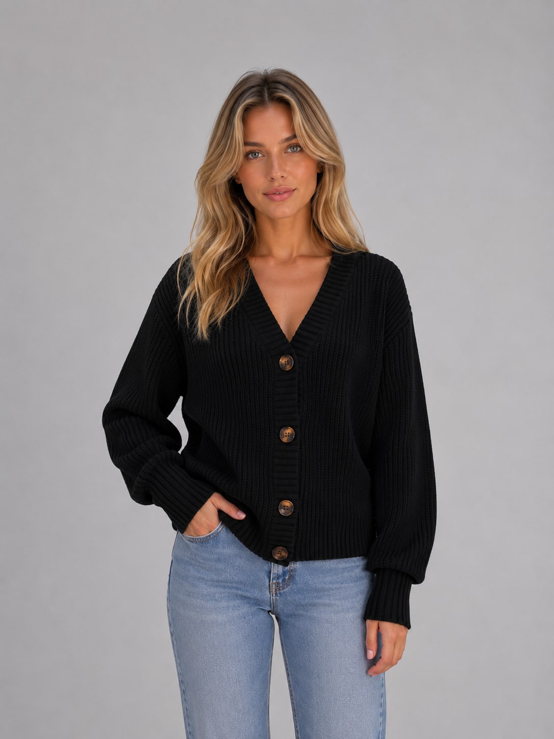 Black chunky knit button cardigan with V-neck 7