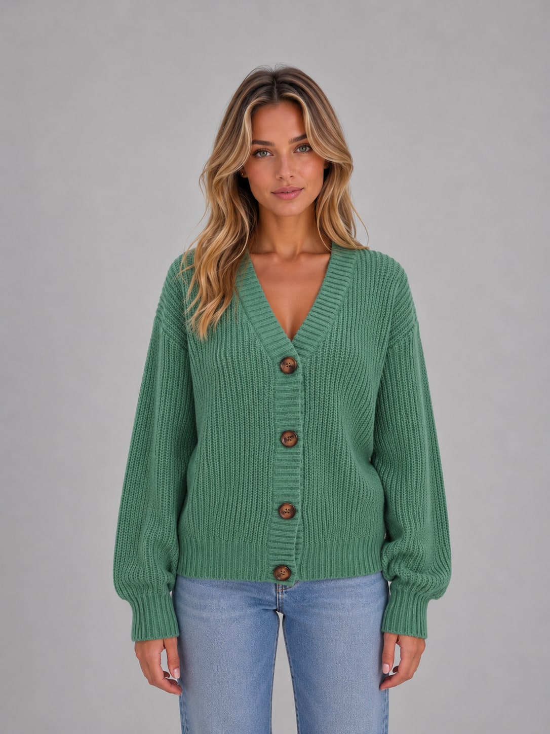 Sage chunky knit button cardigan with V-neck 8