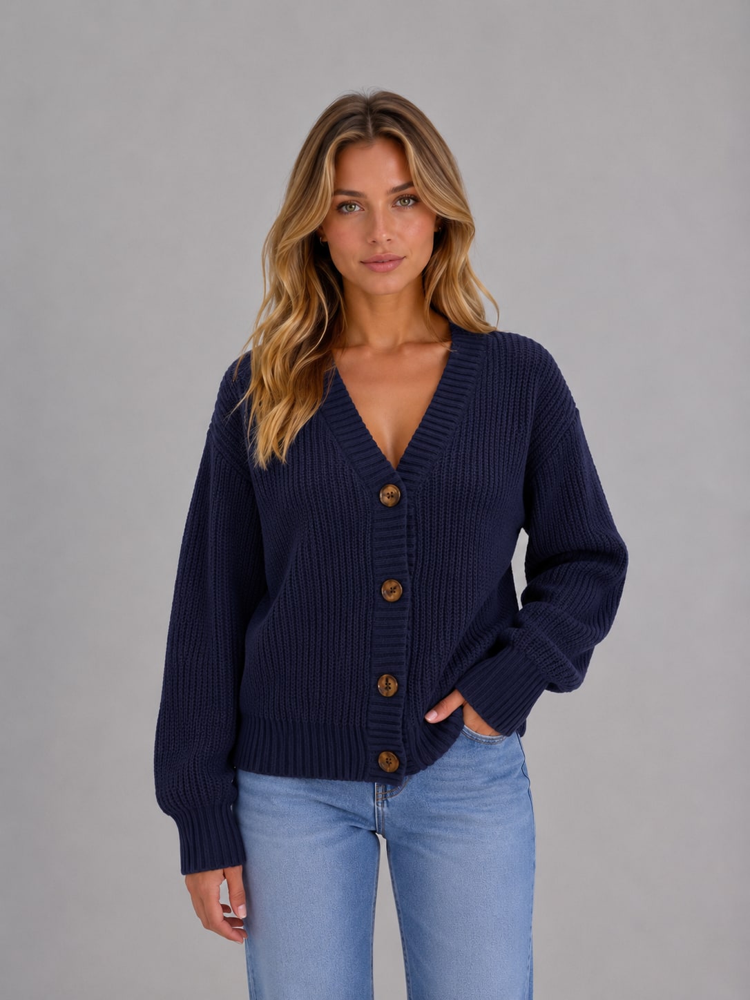 Navy chunky knit button cardigan with V-neck 9