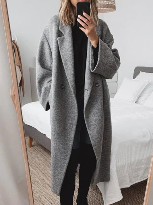 Celeste Oversized Long Coat in Grey - worn by a model, front view