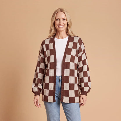 Checkerboard Knit Cardigan, Open Front Sweater Jacket 1