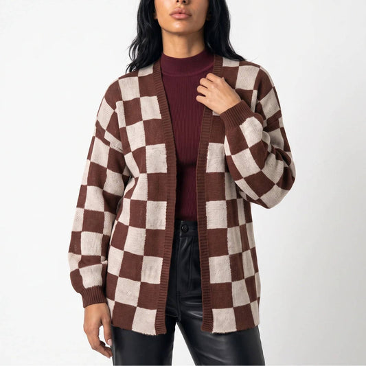 Checkerboard Knit Cardigan, Open Front Sweater Jacket 1