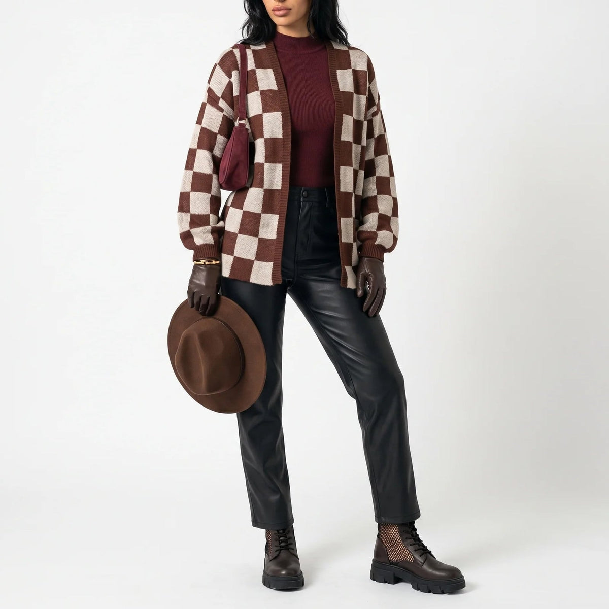 Checkerboard Knit Cardigan, Open Front Sweater Jacket 2