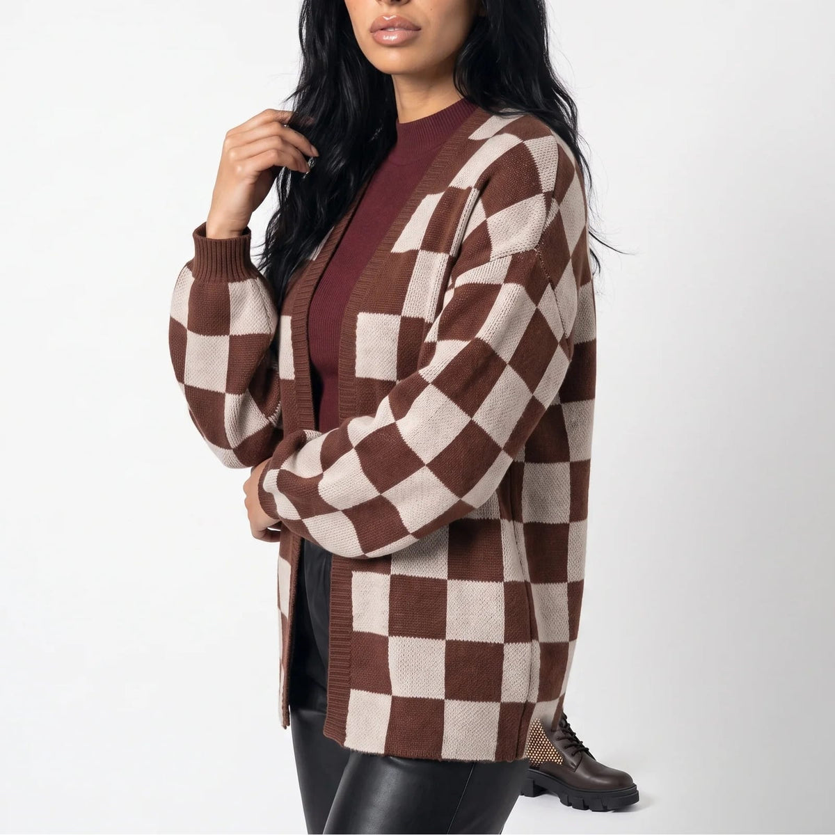 Checkerboard Knit Cardigan, Open Front Sweater Jacket 3