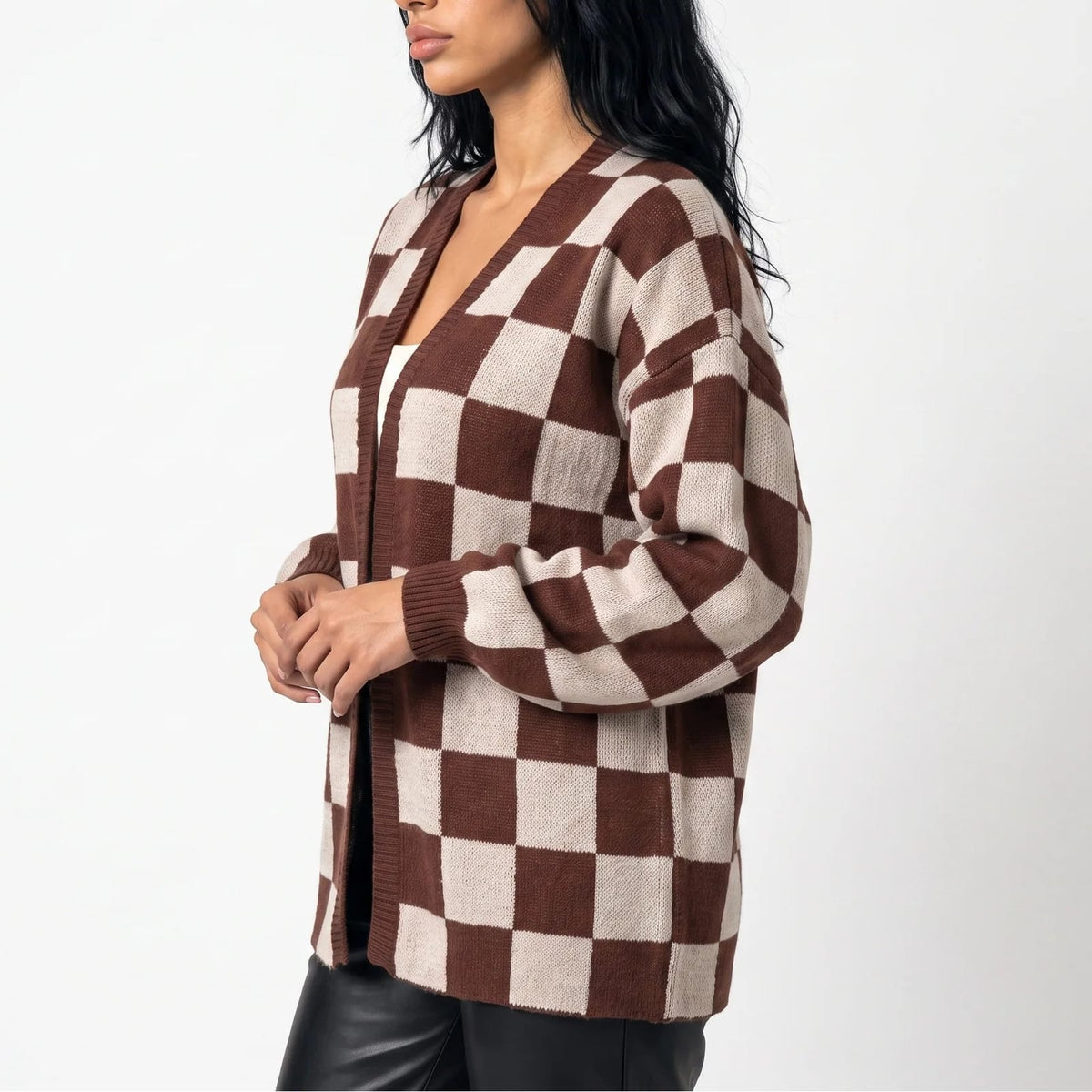 Checkerboard Knit Cardigan, Open Front Sweater Jacket 4