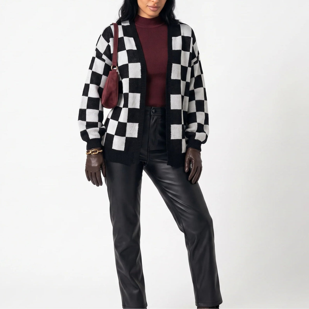 Checkerboard Knit Cardigan, Open Front Sweater Jacket 5