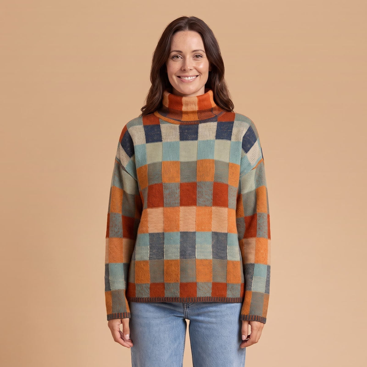 Checkered Turtleneck Sweater, Oversized Check Knit Jumper 1