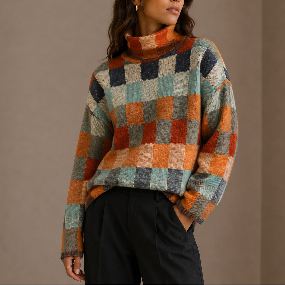 Checkered Turtleneck Sweater, Oversized Check Knit Jumper 2