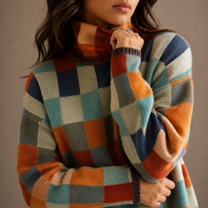 Checkered Turtleneck Sweater, Oversized Check Knit Jumper 3