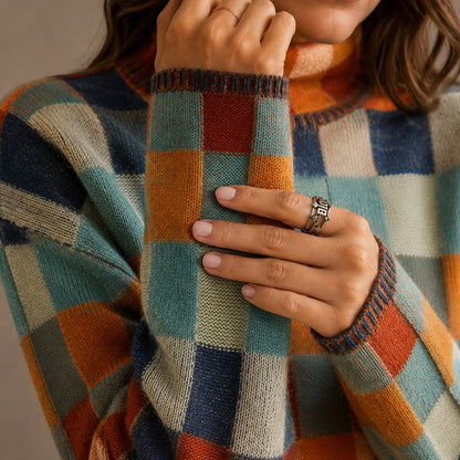 Checkered Turtleneck Sweater, Oversized Check Knit Jumper 4