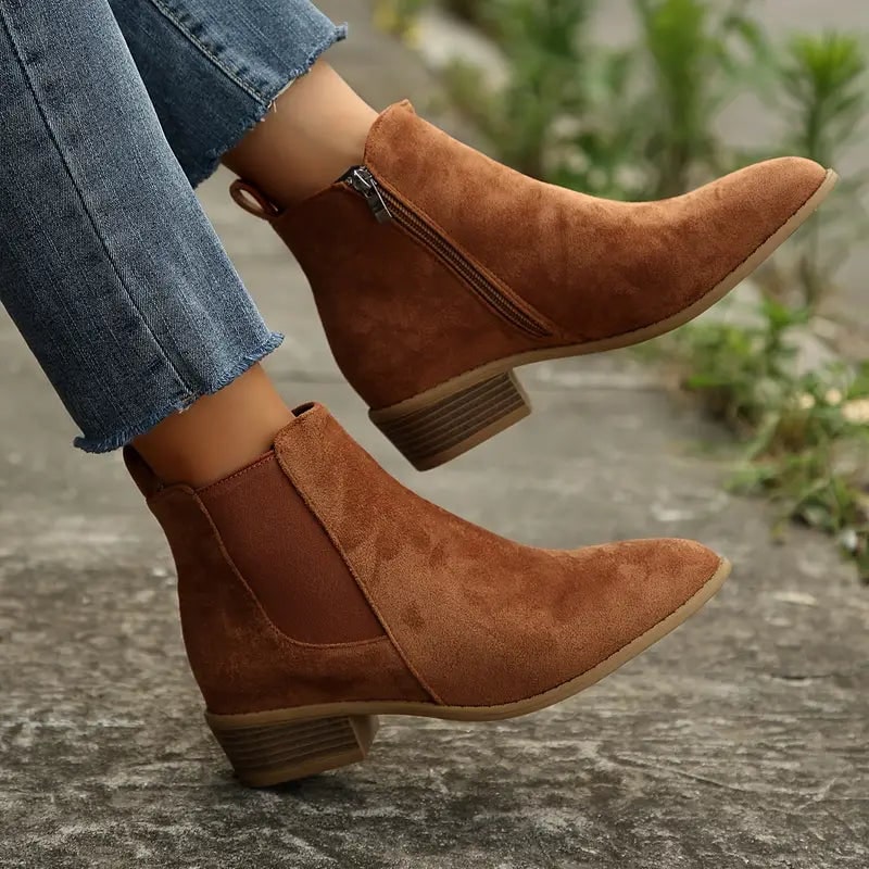 Brown faux suede Chelsea boots with elastic side panels, worn with cuffed jeans 1