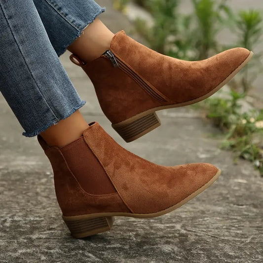 Brown faux suede Chelsea boots with elastic side panels, worn with cuffed jeans 1