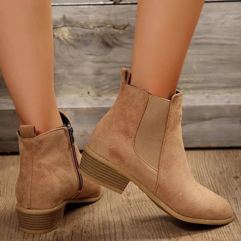 Beige faux suede Chelsea boots, side view with zip detail 3