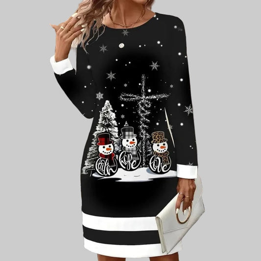 Black Christmas dress with snowman print 1