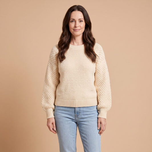 Chunky Knit Crew Neck Sweater in Beige - front view