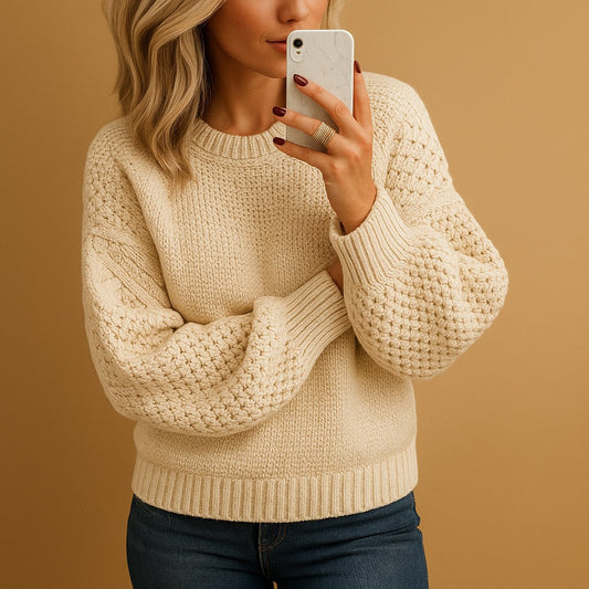 Chunky Knit Crew Neck Sweater in Beige - front view