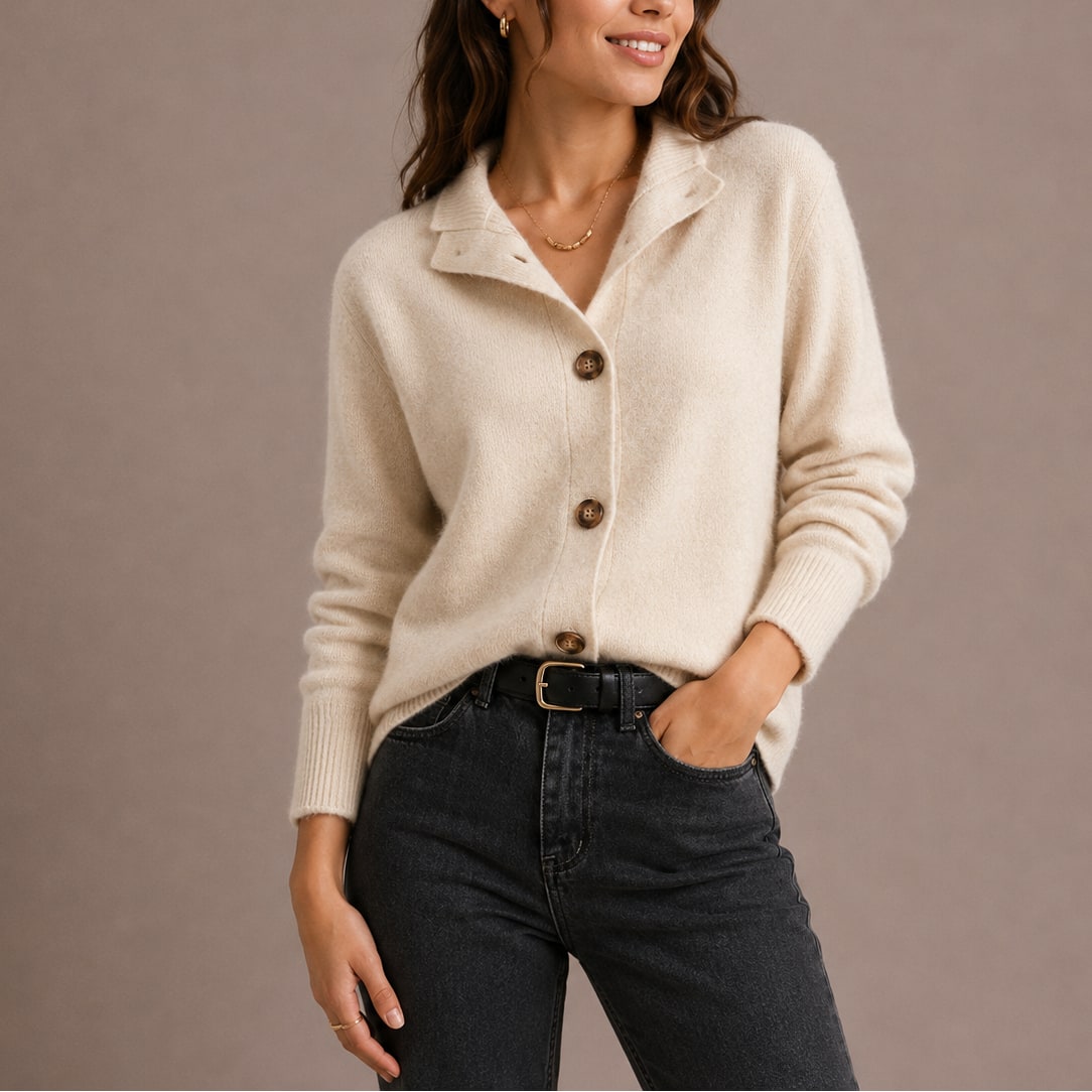 Classic Collared Button Up Knit Cardigan with Ribbed Cuffs 2
