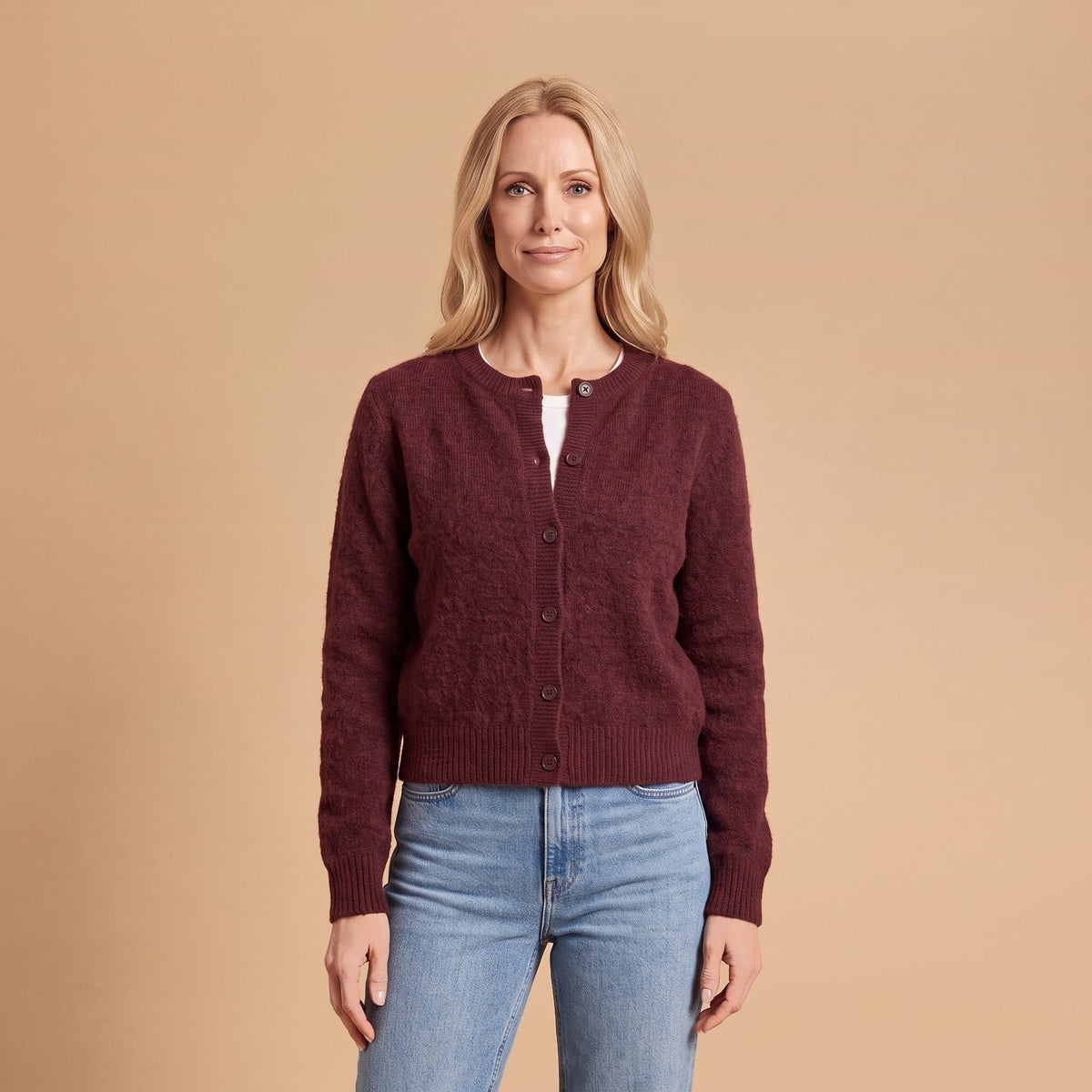 Crew Neck Button Cardigan for Women, Hip Length Soft Knit 1