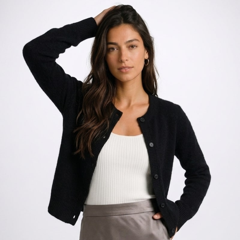 Crew Neck Button Cardigan for Women, Hip Length Soft Knit 4