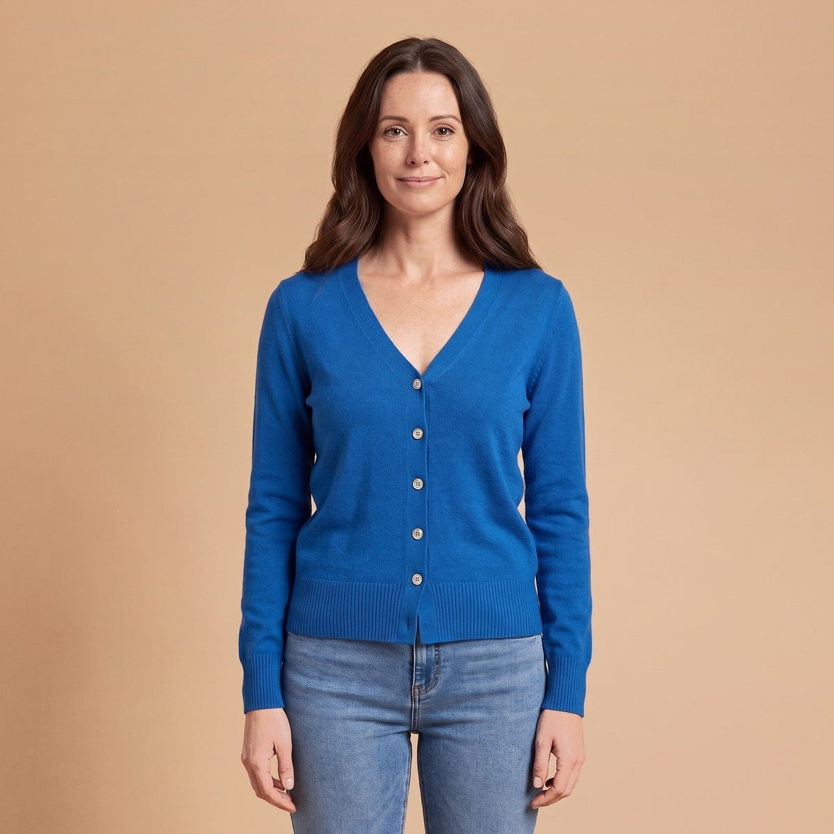 V-Neck Button Cardigan, Classic Soft Knit with Ribbed Hem 1