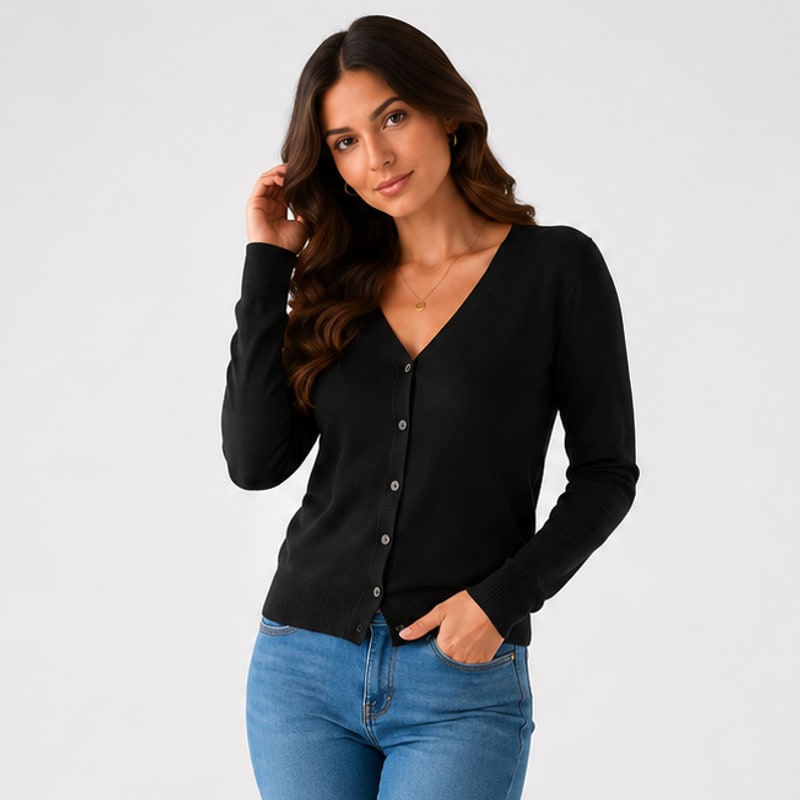 V-Neck Button Cardigan, Classic Soft Knit with Ribbed Hem 3