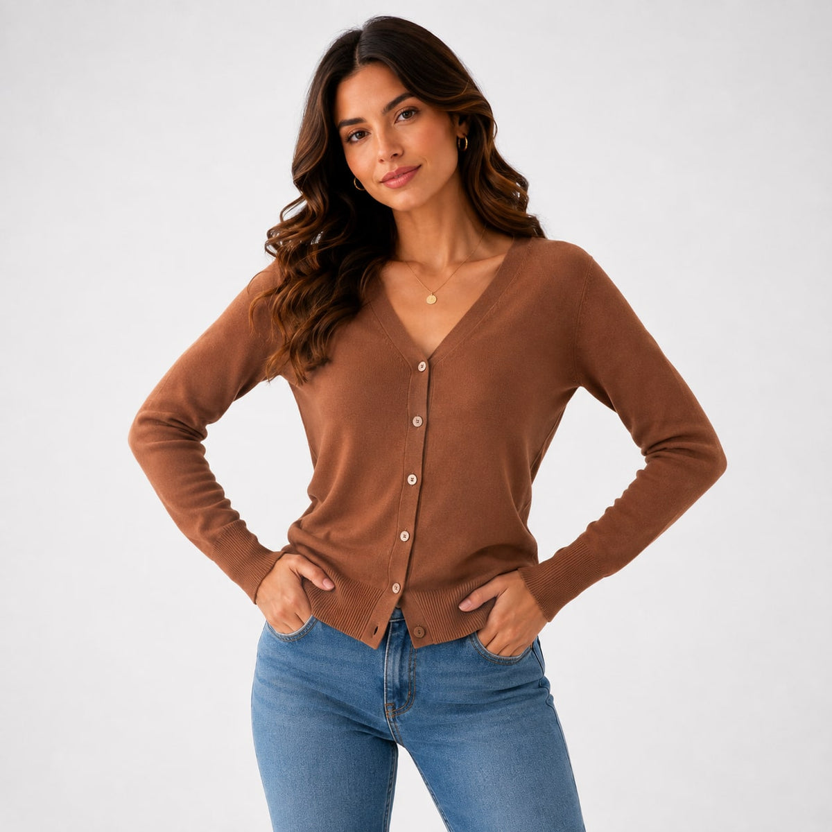 V-Neck Button Cardigan, Classic Soft Knit with Ribbed Hem 4