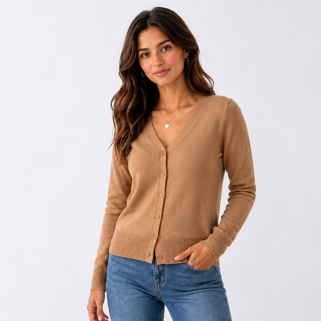 V-Neck Button Cardigan, Classic Soft Knit with Ribbed Hem 5