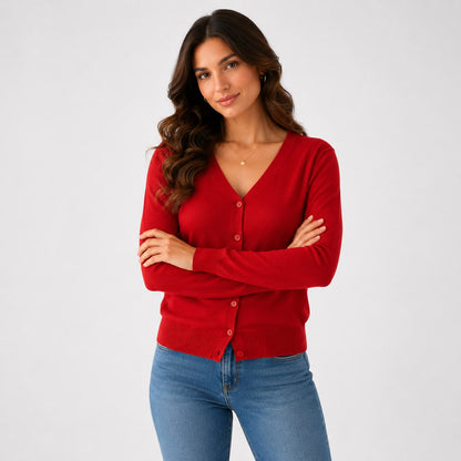 V-Neck Button Cardigan, Classic Soft Knit with Ribbed Hem 7