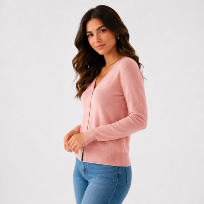 V-Neck Button Cardigan, Classic Soft Knit with Ribbed Hem 8