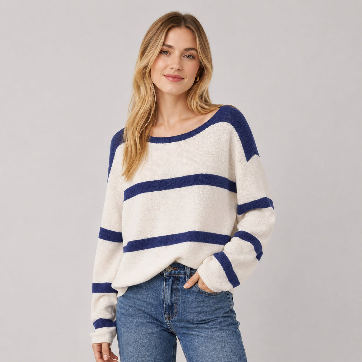 Coastal Stripe Sweater in Striped - worn by a model, front view