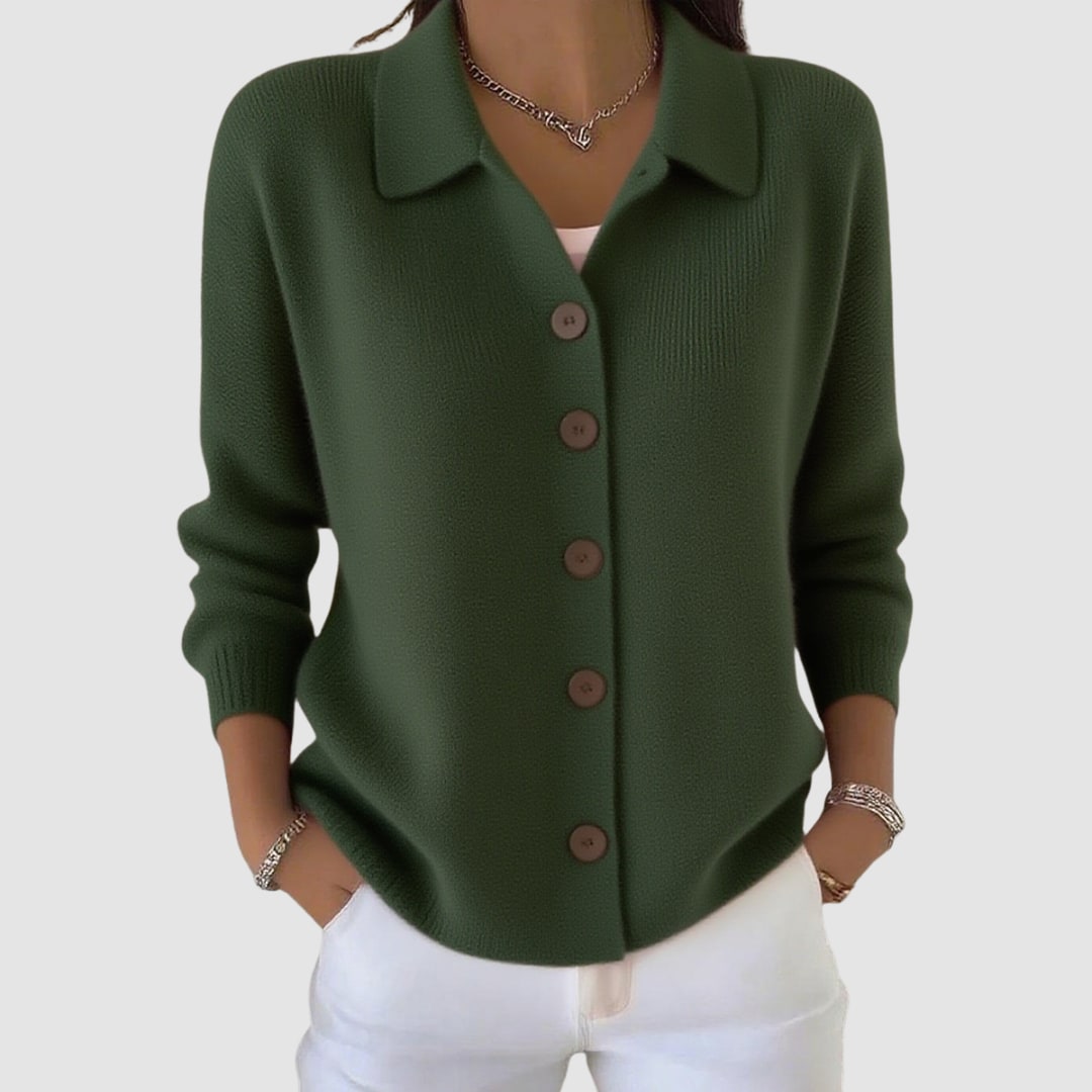 Army green collared button cardigan 2