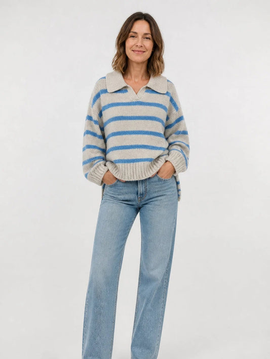 Grey and blue striped collared knit sweater 1