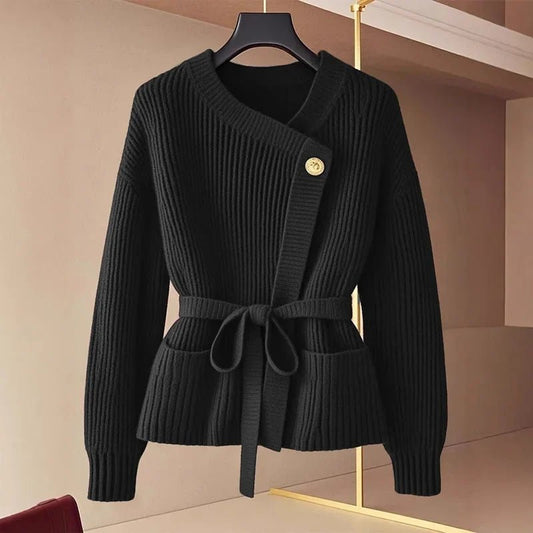 Coralie Knitwear Jacket in Black - shown on a hanger