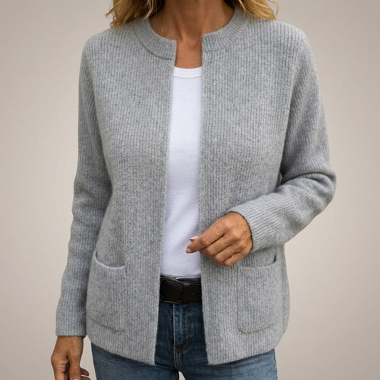 Grey open front cardigan with pockets worn with jeans 1