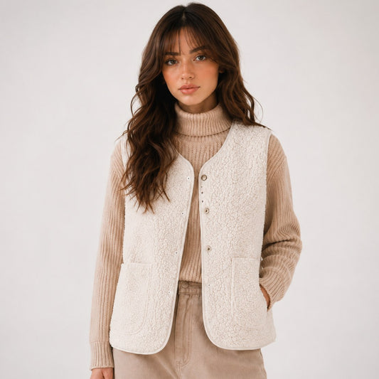 Woman wearing a beige teddy sherpa vest with small buttons and two patch pockets