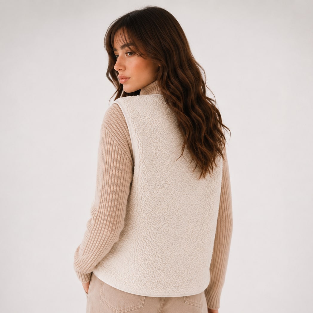 Back view of the beige sleeveless teddy vest at hip length