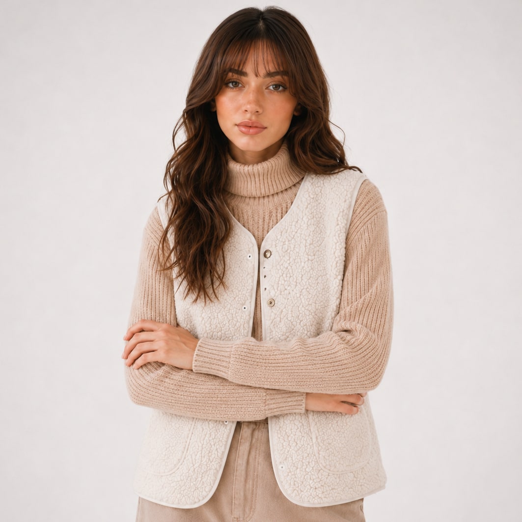 Front view of the beige teddy vest with round neckline worn over a ribbed sweater