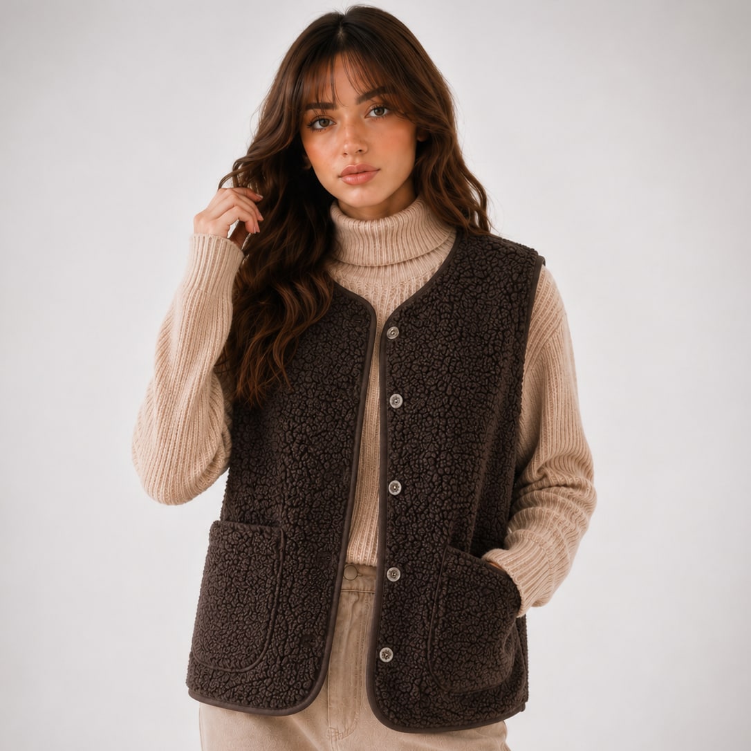 Woman wearing the dark brown teddy sherpa vest with patch pockets