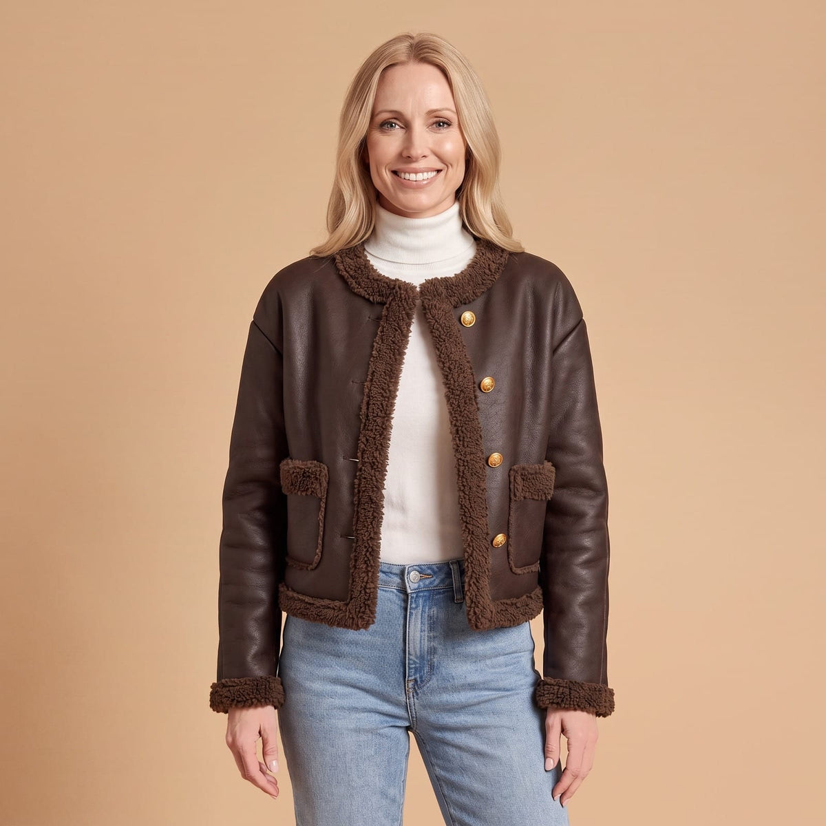 Cropped Faux Leather Jacket with Teddy Trim, Winter Jacket 1