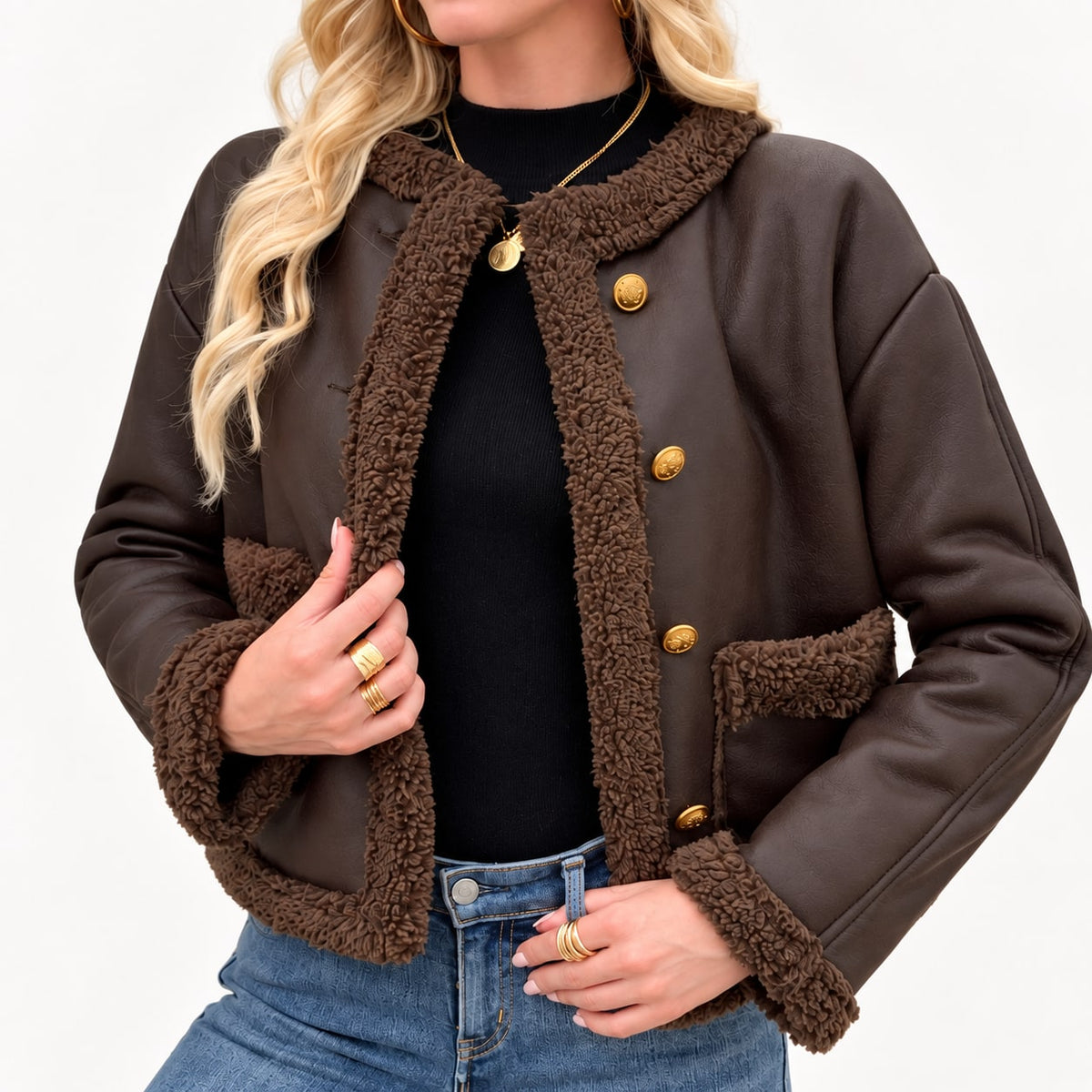 Cropped Faux Leather Jacket with Teddy Trim, Winter Jacket 2
