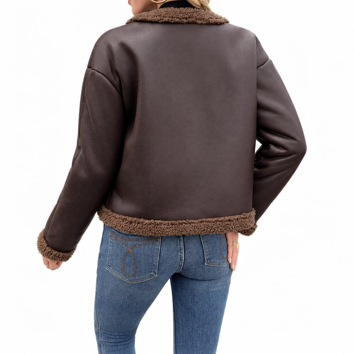 Cropped Faux Leather Jacket with Teddy Trim, Winter Jacket 3