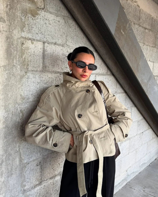 Cropped High-Neck Trench Coat in Army Green - worn by a model outdoors