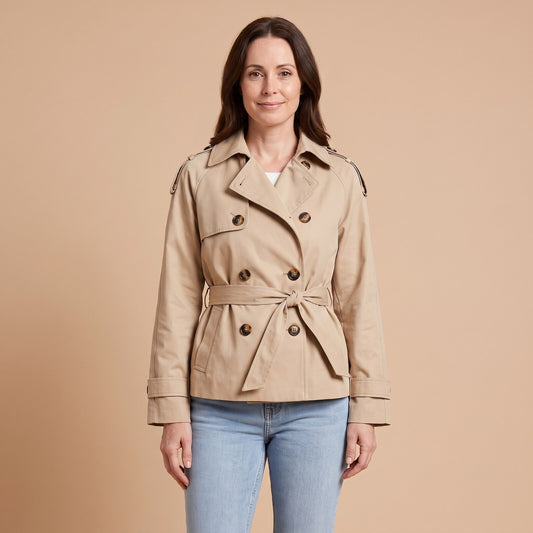 Cropped High-Neck Trench Coat in Beige - front view