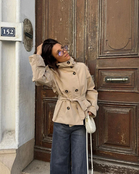 Cropped High-Neck Trench Coat in Beige - worn by a model outdoors
