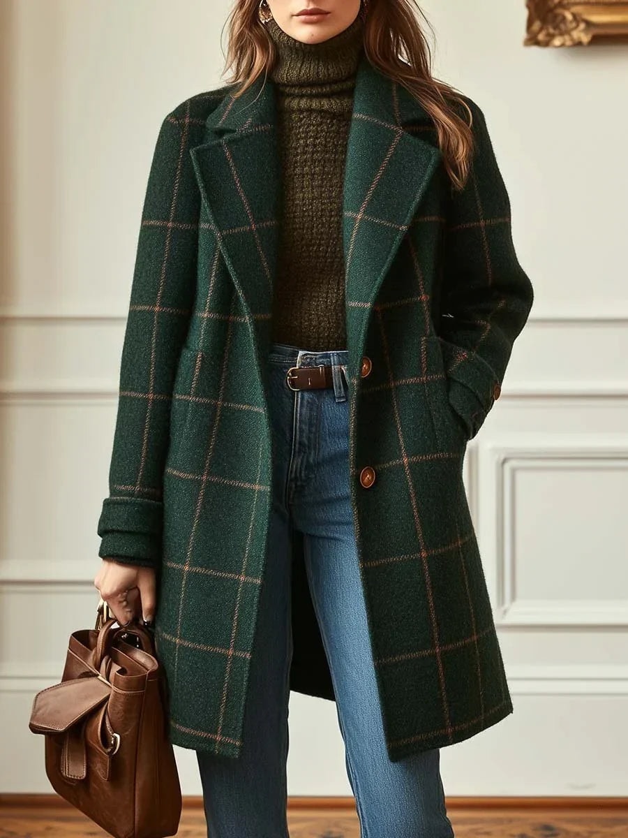 Deirdre Plaid Coat in Green - worn by a model, front view
