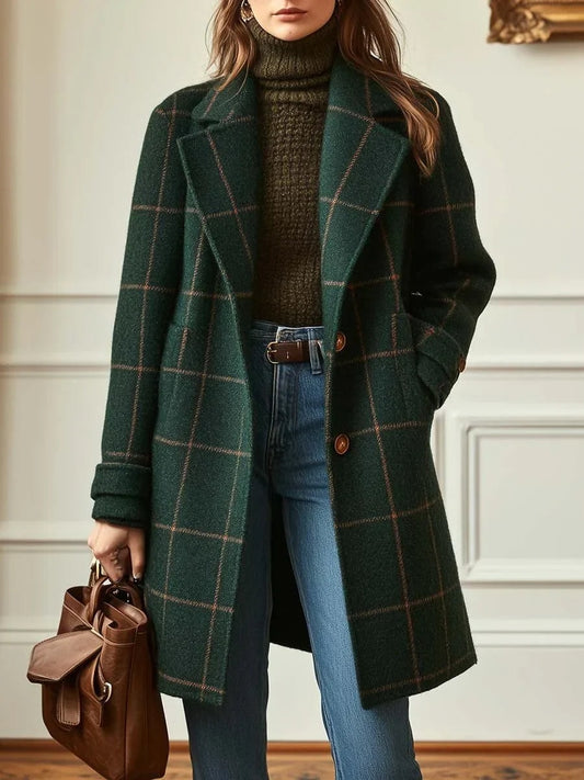 Deirdre Plaid Coat in Green - worn by a model, front view