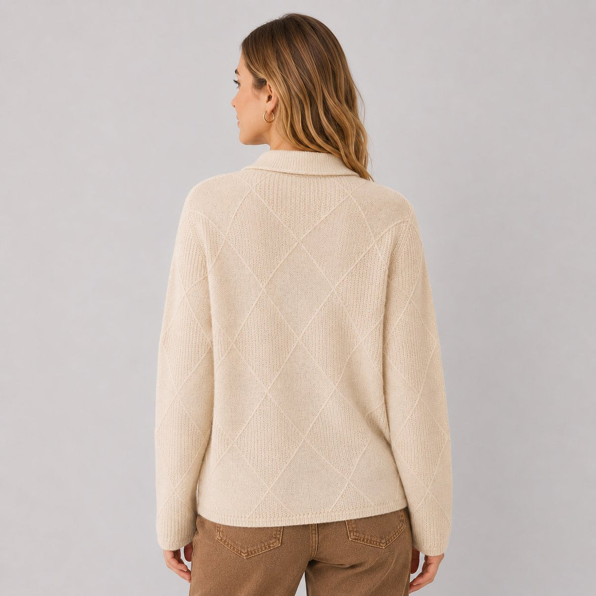 Diamond Knit Cardigan in Beige - back view